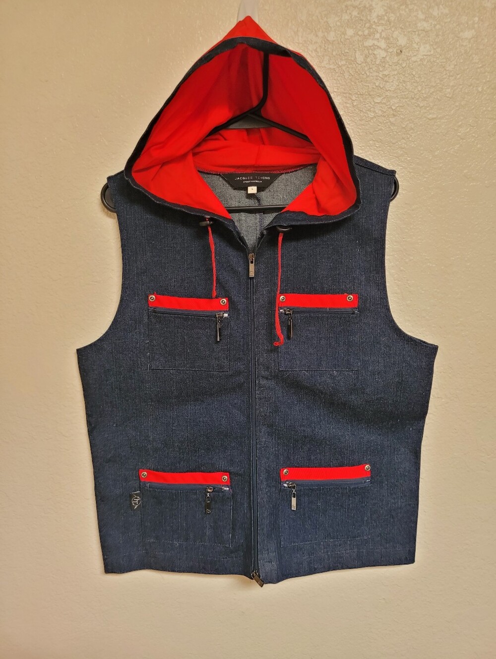 Jacques Tchong Denim and Red Hooded Vest Sydney Austrailia